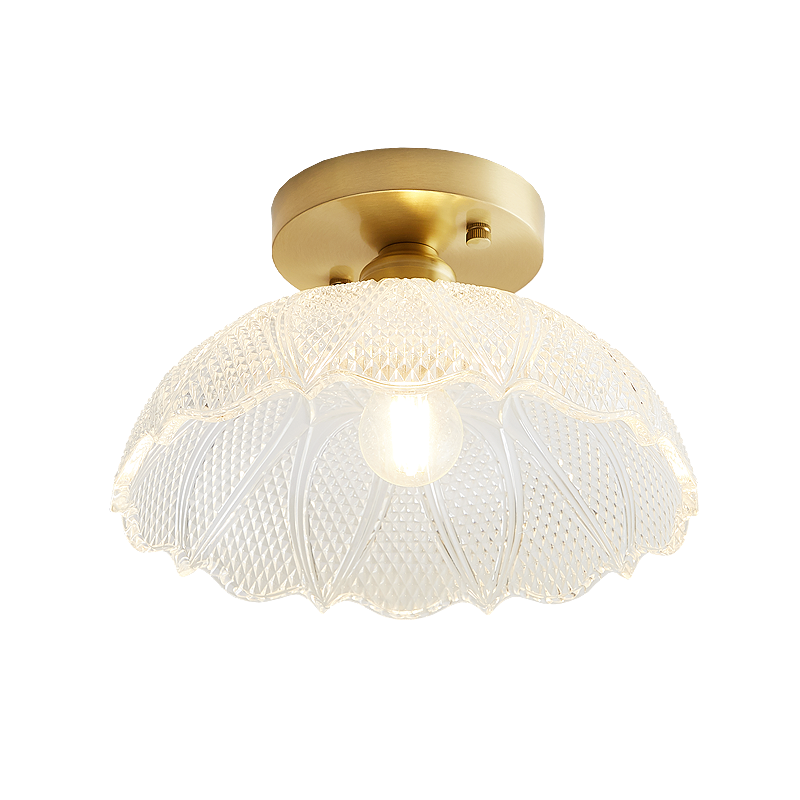 Industrial Small Ceiling Light Fixture 1-Light Textured Glass Semi Flush Mount in Brass for Aisle