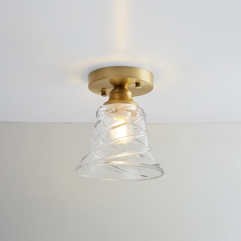 Industrial Small Ceiling Light Fixture 1-Light Textured Glass Semi Flush Mount in Brass for Aisle