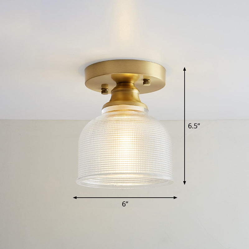 Industrial Small Ceiling Light Fixture 1-Light Textured Glass Semi Flush Mount in Brass for Aisle