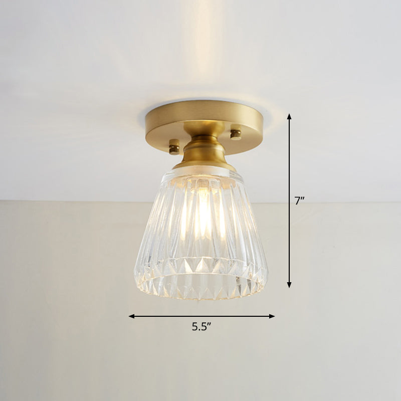 Industrial Small Ceiling Light Fixture 1-Light Textured Glass Semi Flush Mount in Brass for Aisle