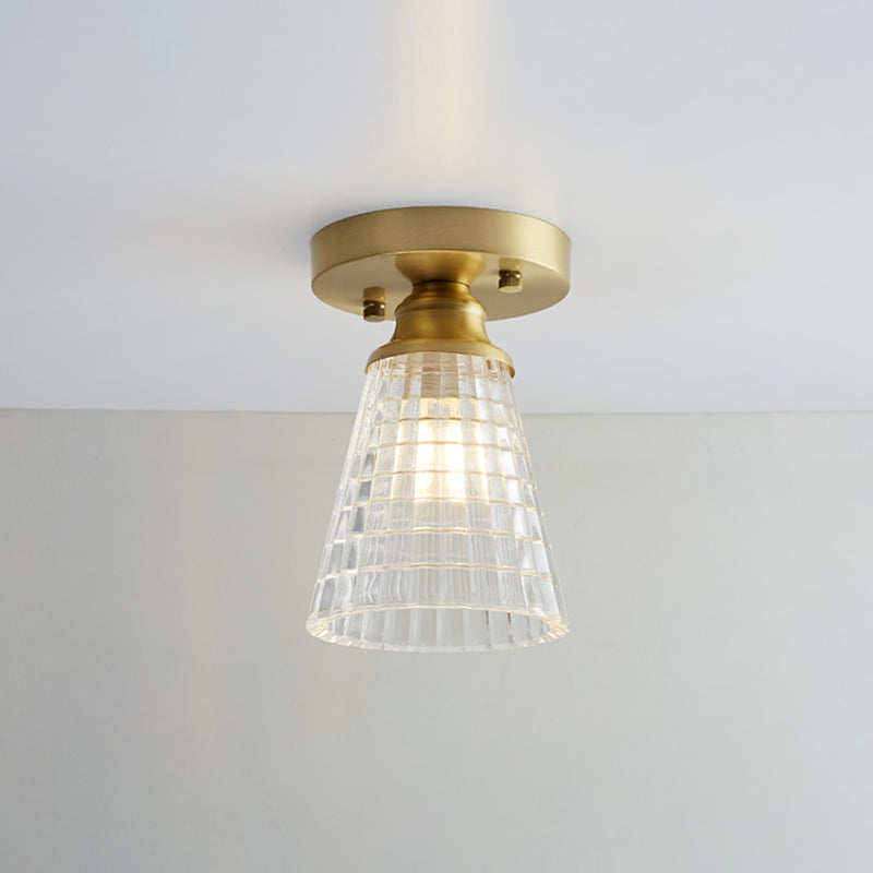 Industrial Small Ceiling Light Fixture 1-Light Textured Glass Semi Flush Mount in Brass for Aisle