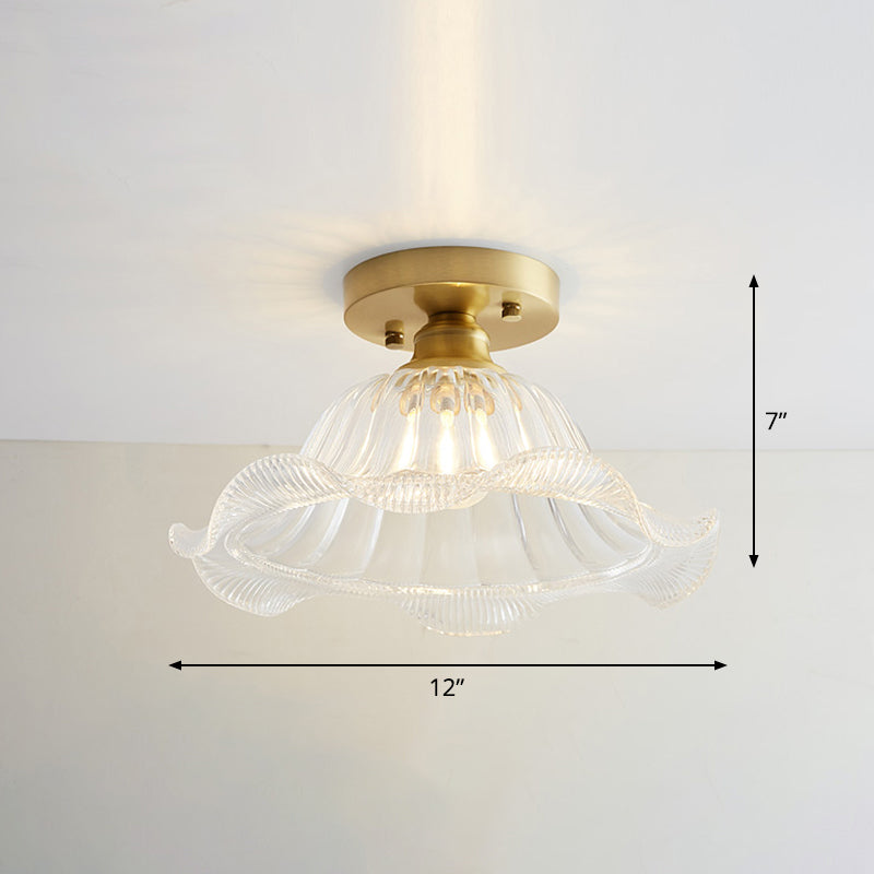 Industrial Small Ceiling Light Fixture 1-Light Textured Glass Semi Flush Mount in Brass for Aisle
