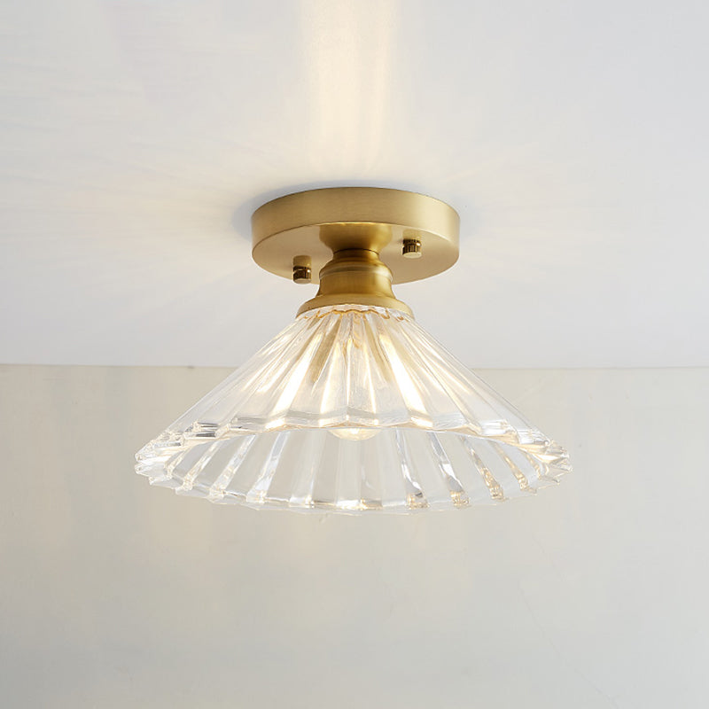 Industrial Small Ceiling Light Fixture 1-Light Textured Glass Semi Flush Mount in Brass for Aisle