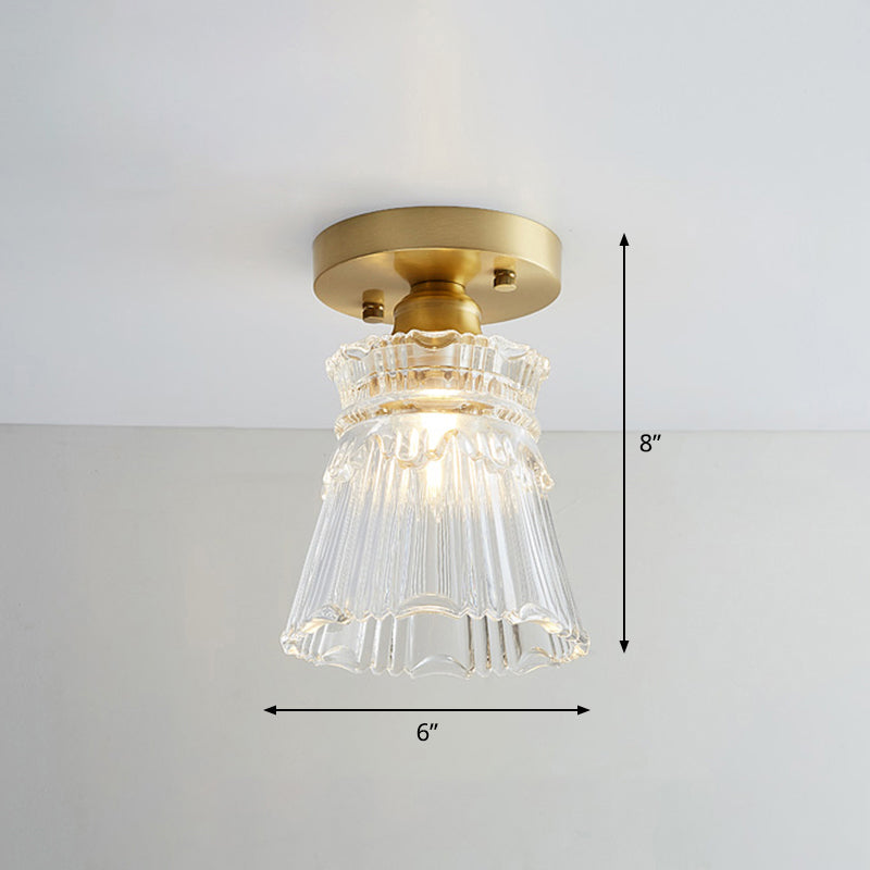 Industrial Small Ceiling Light Fixture 1-Light Textured Glass Semi Flush Mount in Brass for Aisle