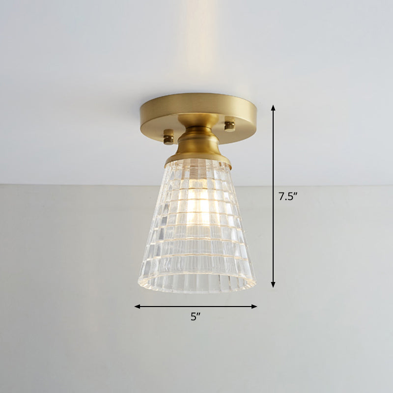 Industrial Small Ceiling Light Fixture 1-Light Textured Glass Semi Flush Mount in Brass for Aisle