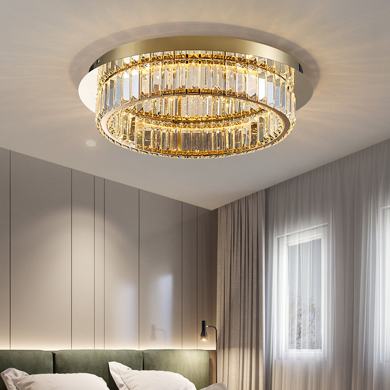 Prismatic K9 Crystal Circle Flushmount Postmodern Gold Finish Ceiling Light for Bedroom