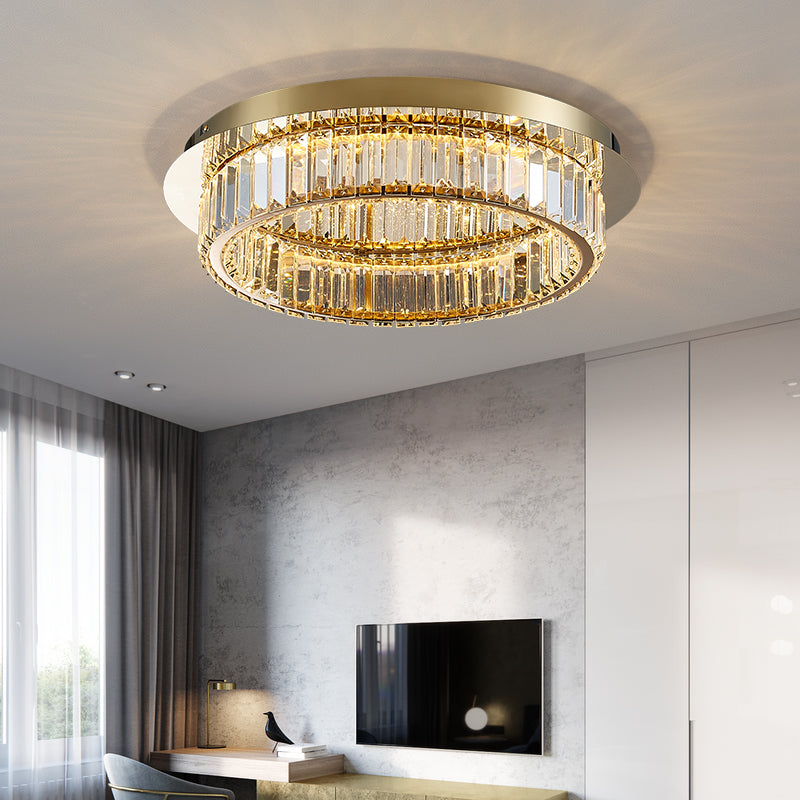 Prismatic K9 Crystal Circle Flushmount Postmodern Gold Finish Ceiling Light for Bedroom