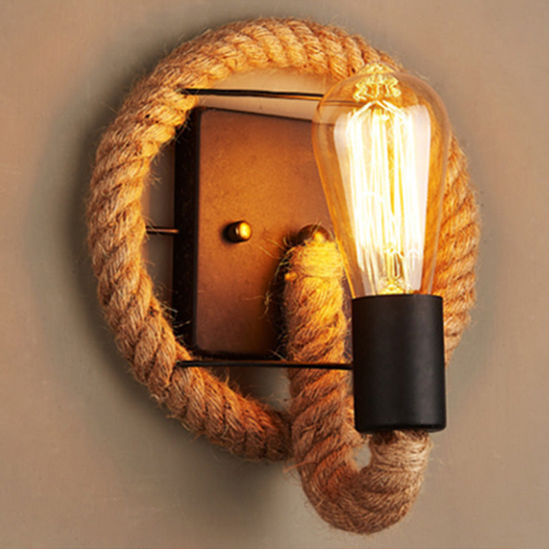 Loop Shaped Rope Wall Sconce Rustic 1-Head Corridor Wall Light with Bare Bulb Design in Wood