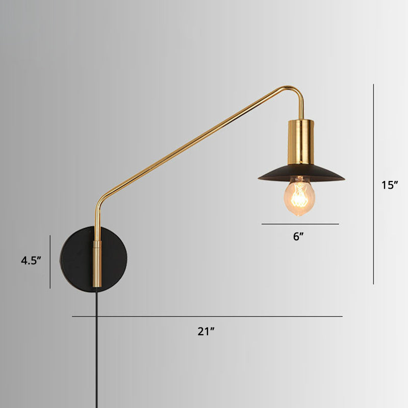 Metal Swing Arm Sconce Lamp Industrial Style Single Living Room Reading Light with Saucer Lampshade