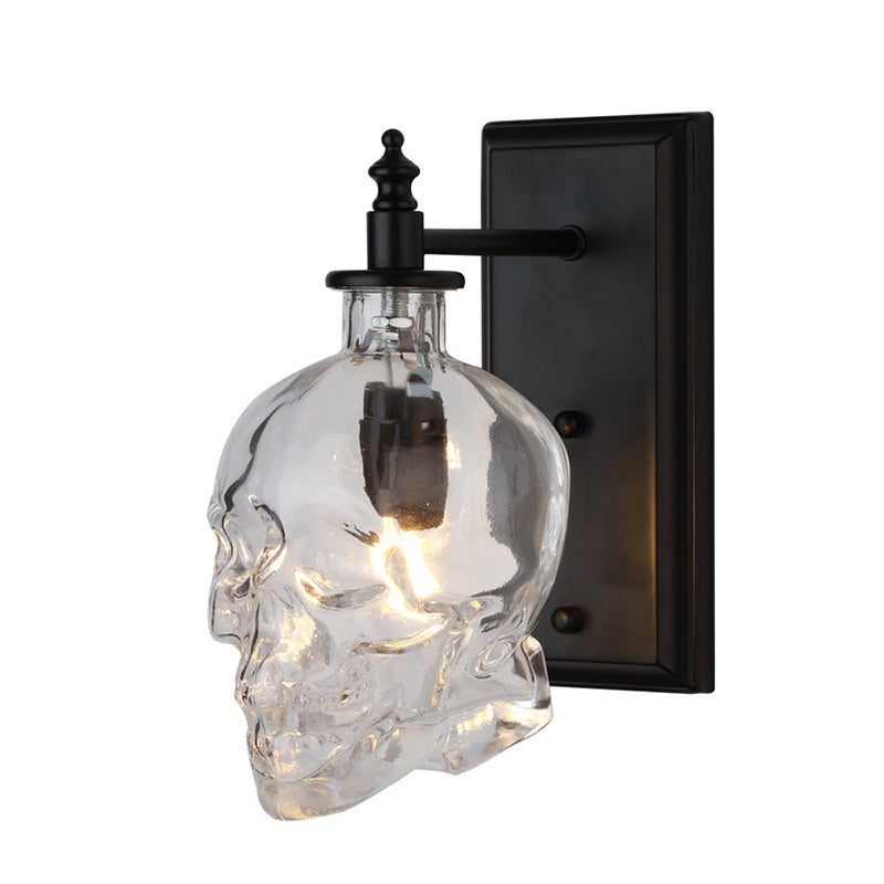 Clear Glass Skull Wall Lighting Art Deco 1 Head Black Sconce Light Fixture for Bedroom