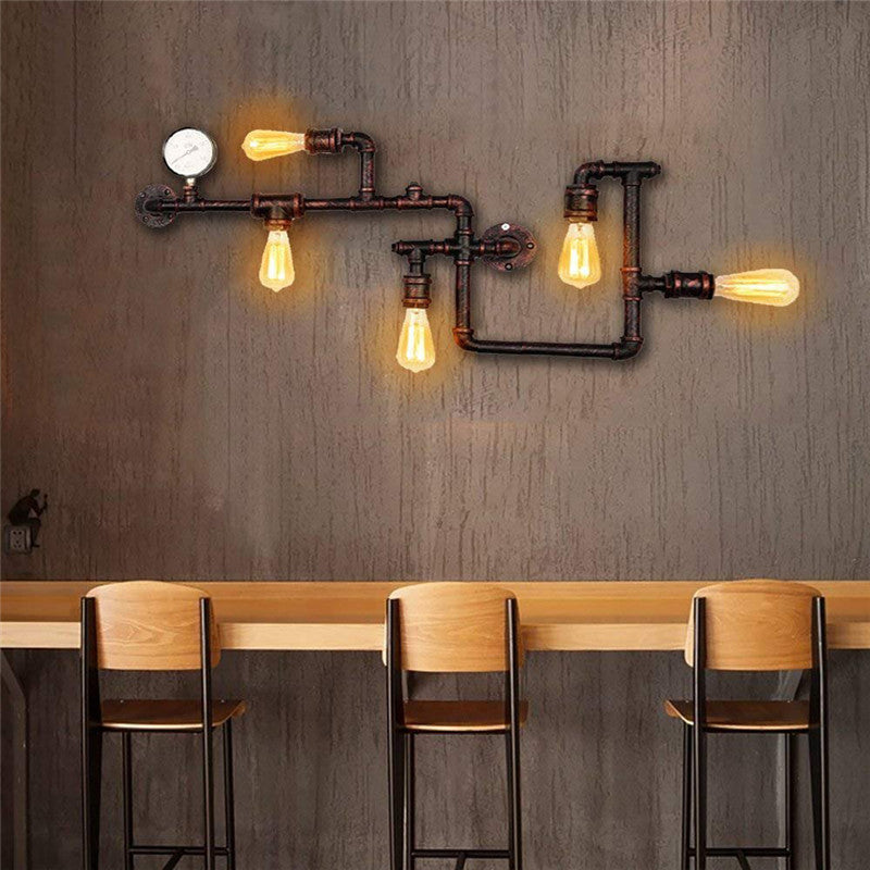 Water Pipe Iron Wall Lighting Industrial 5 Bulbs Restaurant Wall Sconce with Decorative Gauge