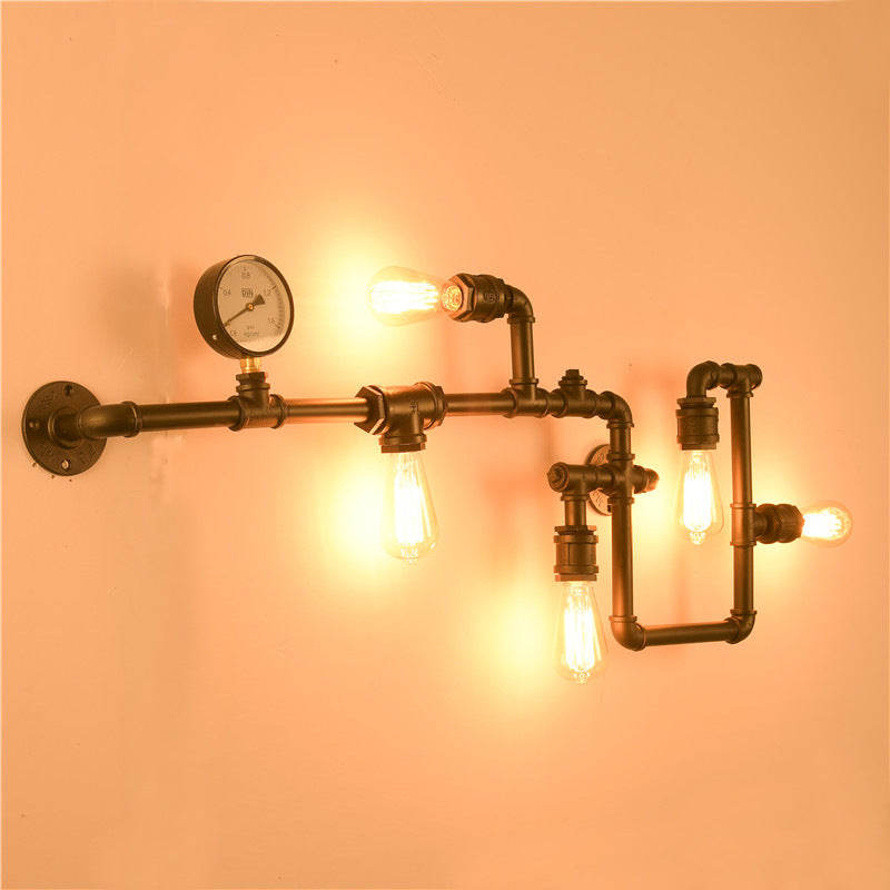 Water Pipe Iron Wall Lighting Industrial 5 Bulbs Restaurant Wall Sconce with Decorative Gauge