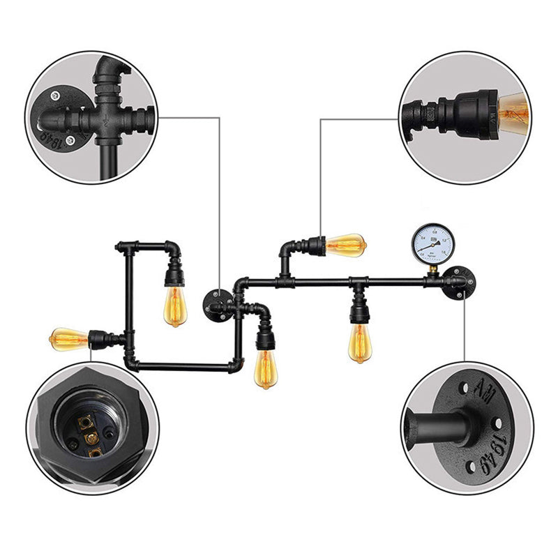 Water Pipe Iron Wall Lighting Industrial 5 Bulbs Restaurant Wall Sconce with Decorative Gauge