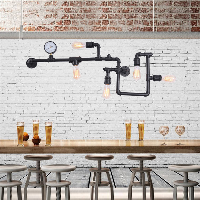 Water Pipe Iron Wall Lighting Industrial 5 Bulbs Restaurant Wall Sconce with Decorative Gauge