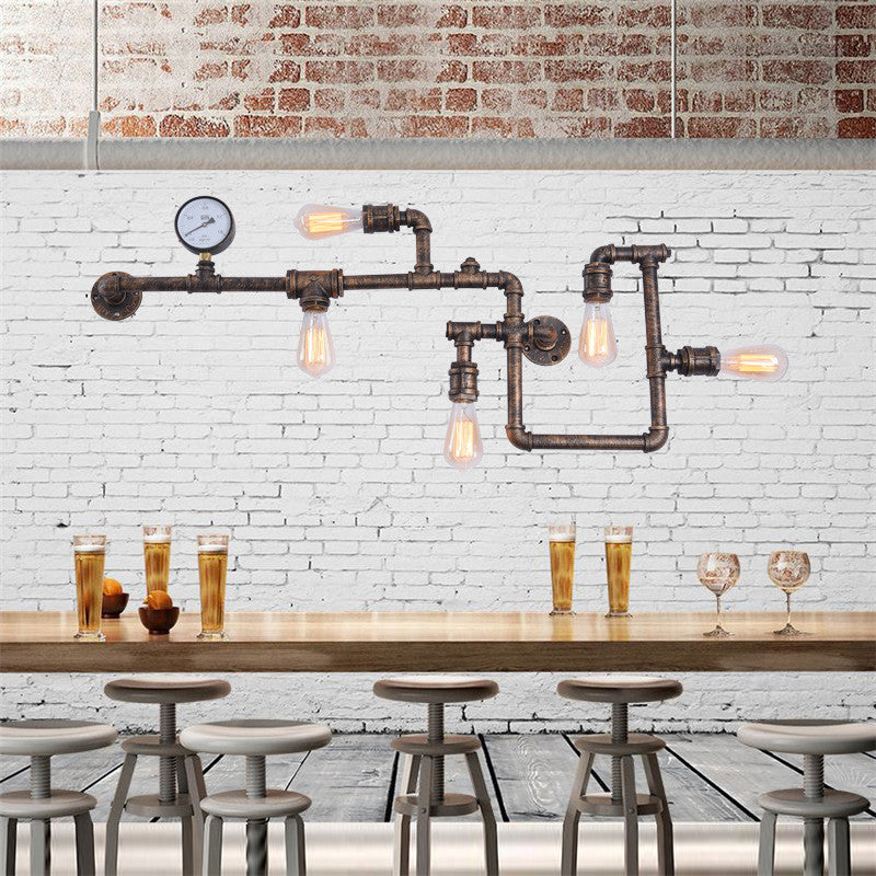 Water Pipe Iron Wall Lighting Industrial 5 Bulbs Restaurant Wall Sconce with Decorative Gauge