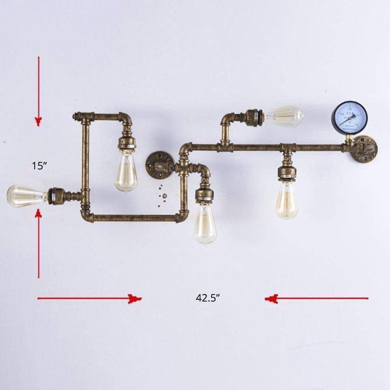 Water Pipe Iron Wall Lighting Industrial 5 Bulbs Restaurant Wall Sconce with Decorative Gauge