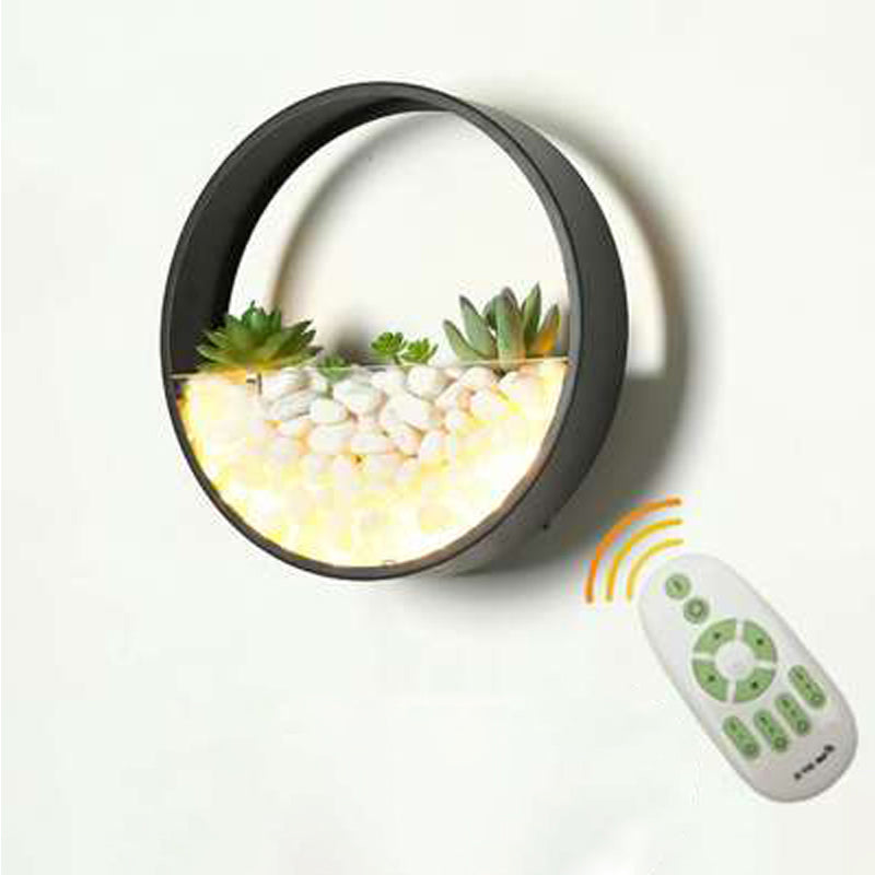 Loop Shaped Wall Sconce Light Decorative Metal Bedroom LED Wall Light with Faux Succulents and Pebbles