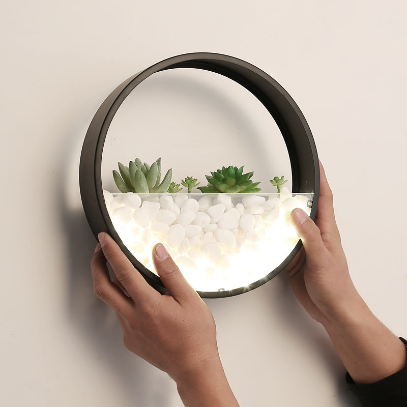 Loop Shaped Wall Sconce Light Decorative Metal Bedroom LED Wall Light with Faux Succulents and Pebbles