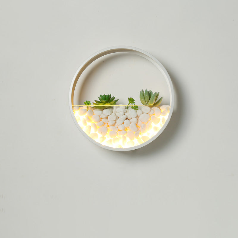Loop Shaped Wall Sconce Light Decorative Metal Bedroom LED Wall Light with Faux Succulents and Pebbles