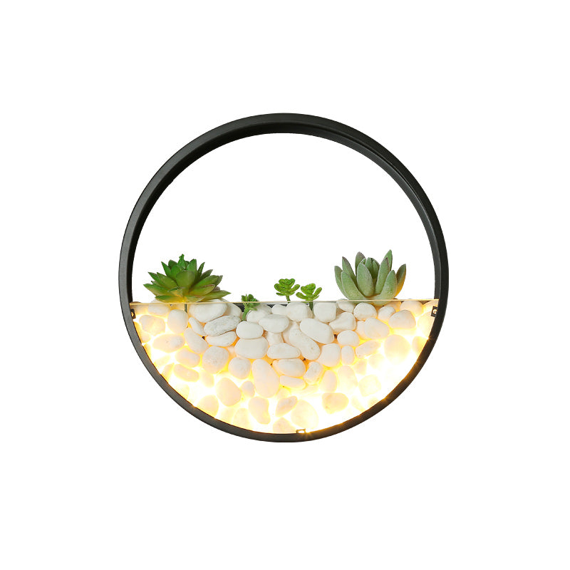 Loop Shaped Wall Sconce Light Decorative Metal Bedroom LED Wall Light with Faux Succulents and Pebbles