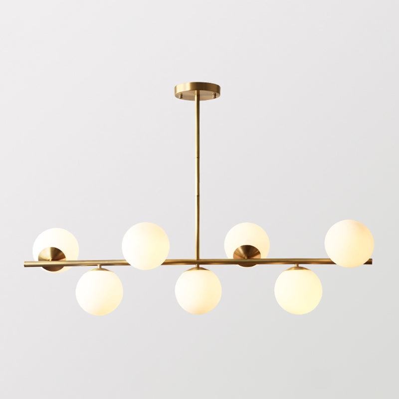 Spherical Dining Room Suspension Lamp Cream Glass 7-Head Postmodern Island Light in Gold