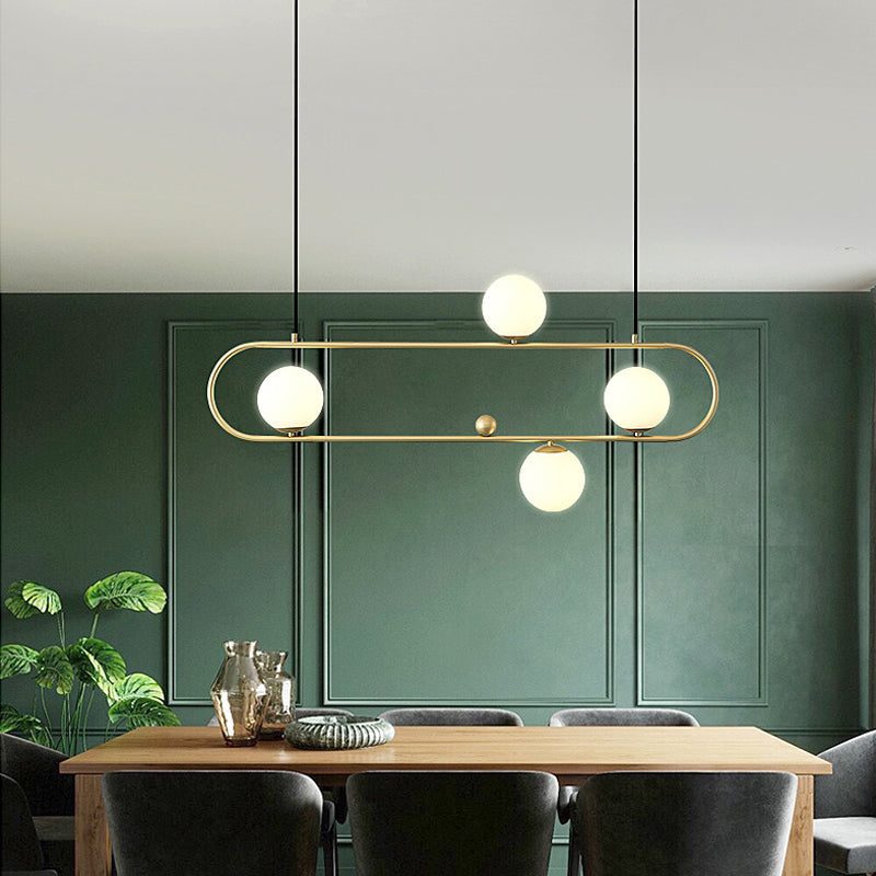 Metal Oblong Island Light Fixture Minimalist Suspension Lighting with Ball Milk Glass Shade