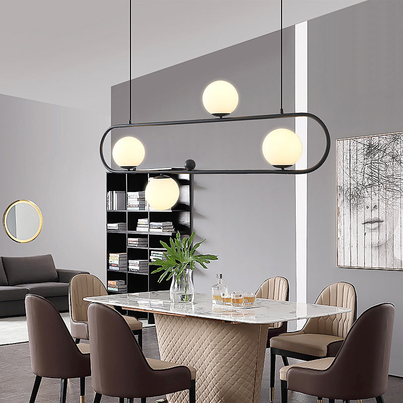 Metal Oblong Island Light Fixture Minimalist Suspension Lighting with Ball Milk Glass Shade