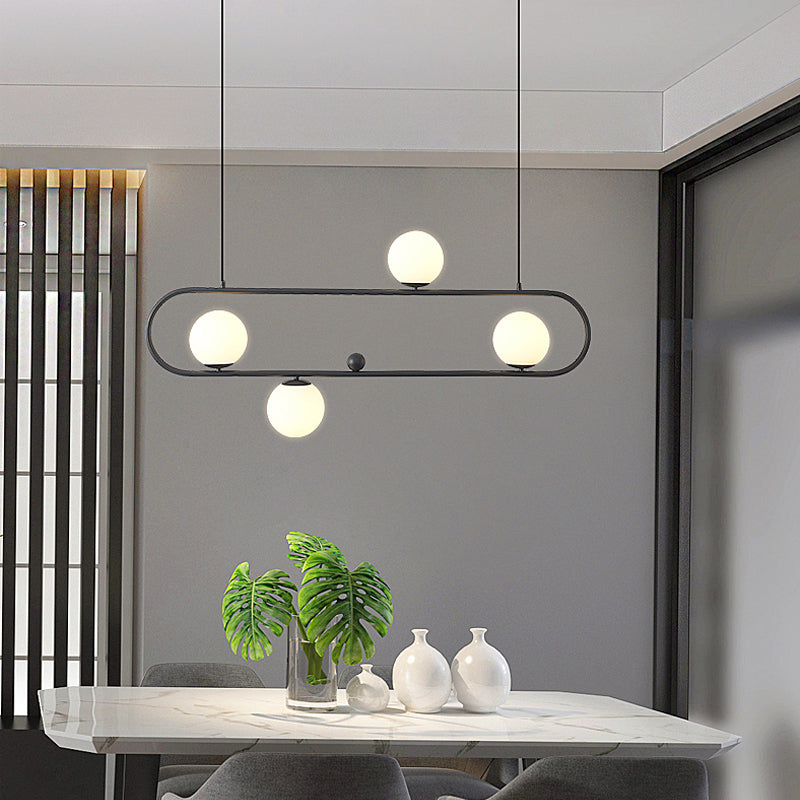 Metal Oblong Island Light Fixture Minimalist Suspension Lighting with Ball Milk Glass Shade