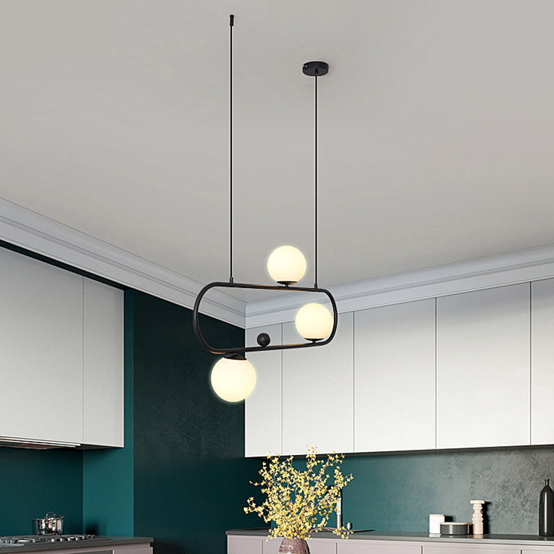 Metal Oblong Island Light Fixture Minimalist Suspension Lighting with Ball Milk Glass Shade