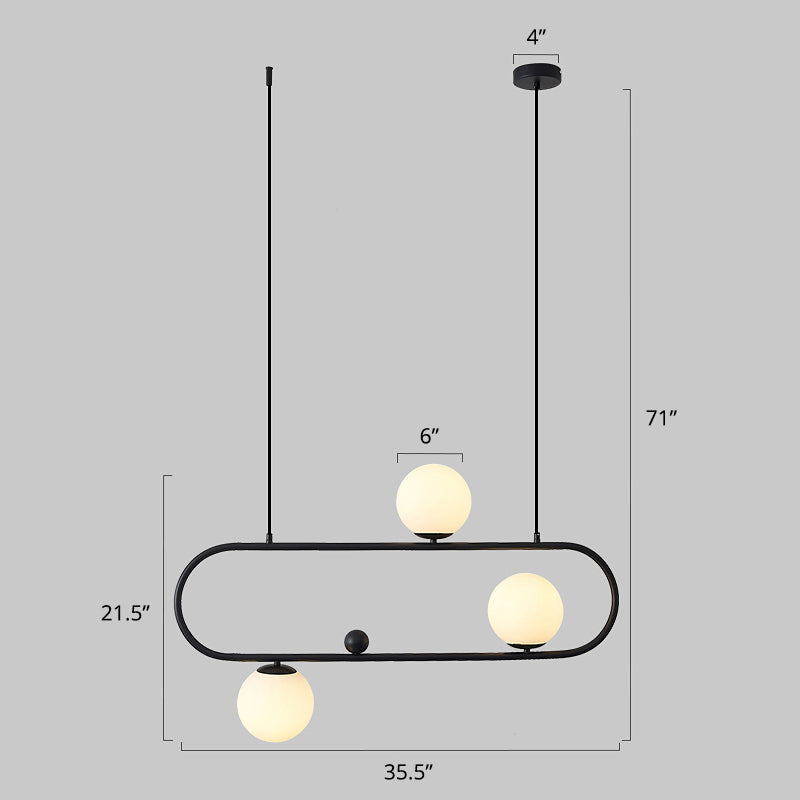 Metal Oblong Island Light Fixture Minimalist Suspension Lighting with Ball Milk Glass Shade