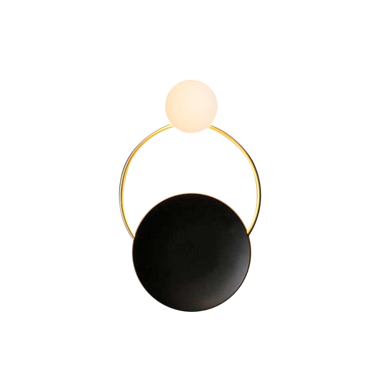 Postmodern Creative Circle Wall Sconce Cream Glass 1 Head Corridor Wall Light in Black-Brass