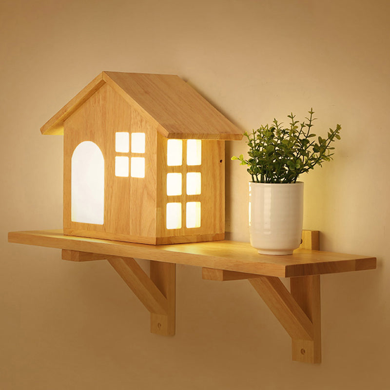 Lámpara de apliques de pared LED de cabaña iluminación de pared de madera decorativa creativa con estante para dormitorio