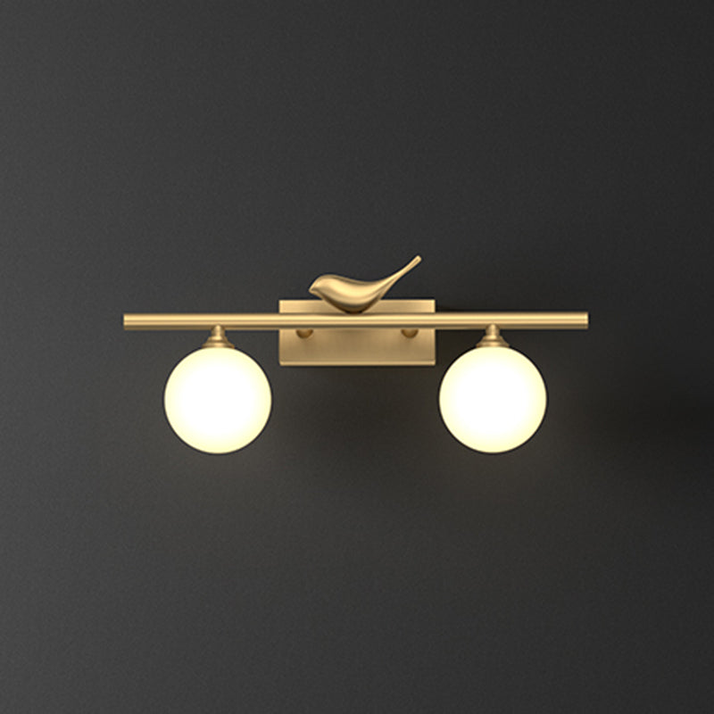 Ball Bathroom Vanity Sconce Opal Glass Postmodern Wall Light with Bird Decor in Brass