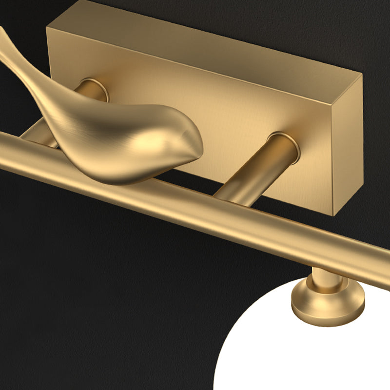 Ball Bathroom Vanity Sconce Opal Glass Postmodern Wall Light with Bird Decor in Brass