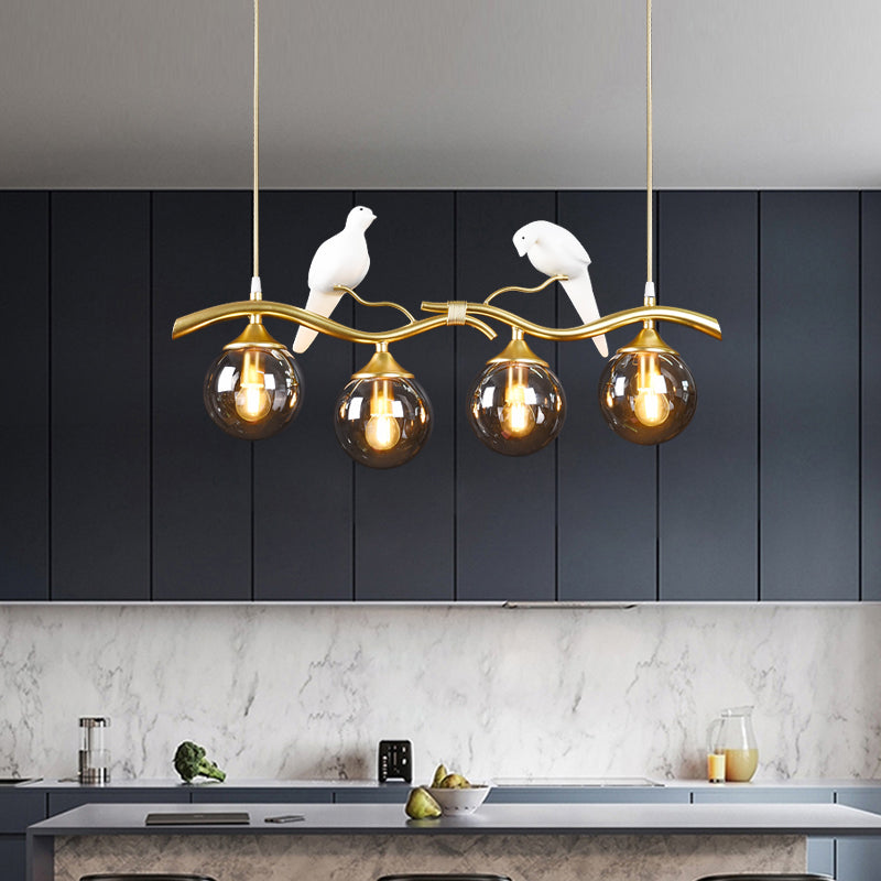 Glass Spherical Hanging Light Postmodern 4-Bulb Ceiling Pendant with Twig and Bird Deco
