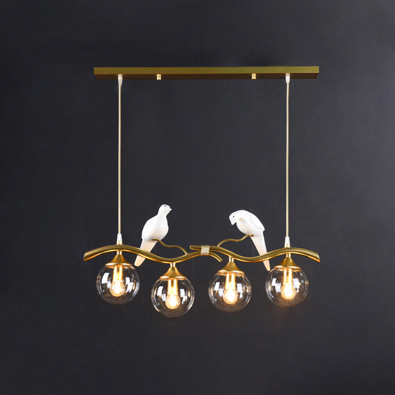 Glass Spherical Hanging Light Postmodern 4-Bulb Ceiling Pendant with Twig and Bird Deco