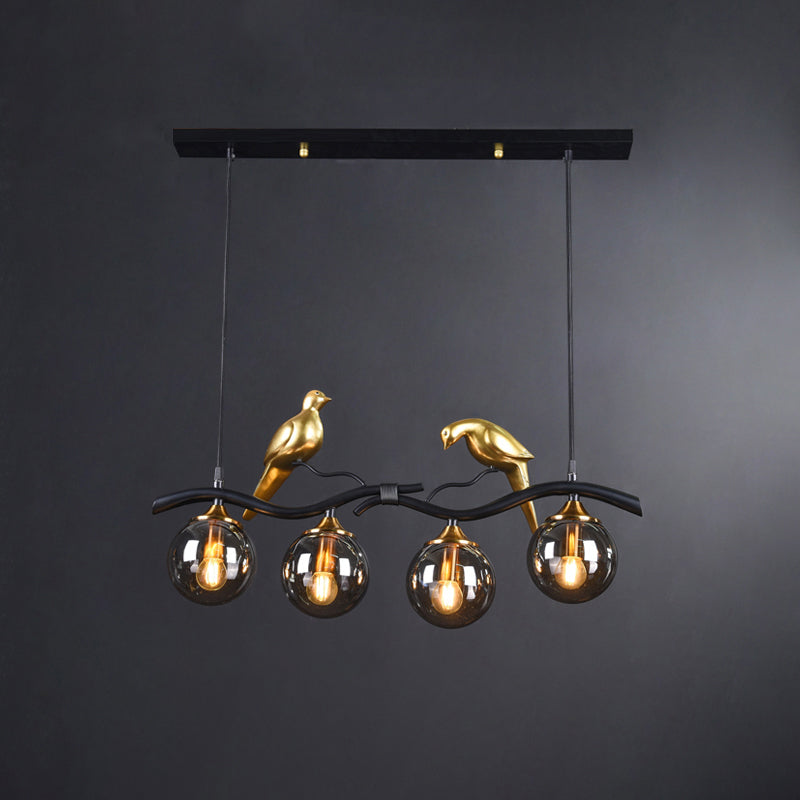 Glass Spherical Hanging Light Postmodern 4-Bulb Ceiling Pendant with Twig and Bird Deco