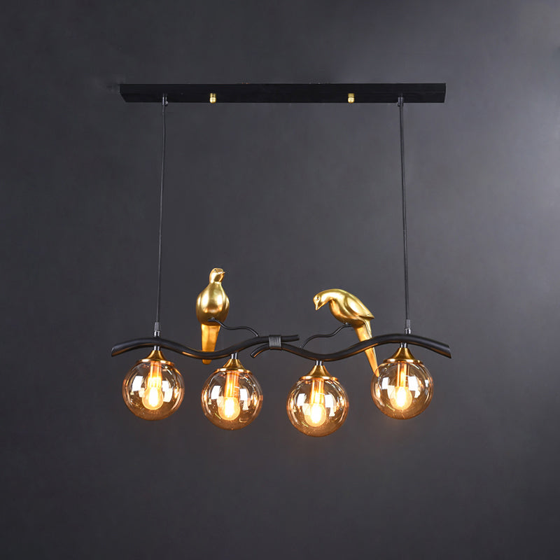 Glass Spherical Hanging Light Postmodern 4-Bulb Ceiling Pendant with Twig and Bird Deco