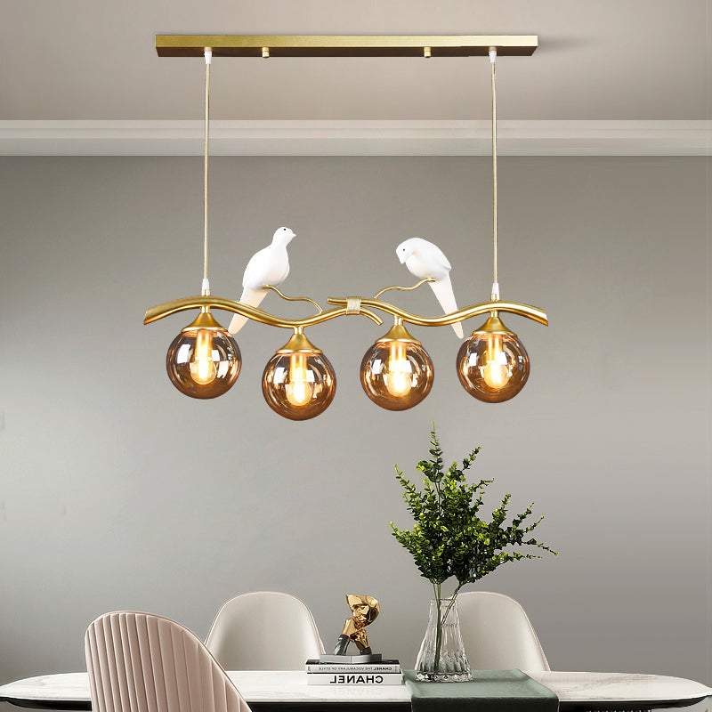 Glass Spherical Hanging Light Postmodern 4-Bulb Ceiling Pendant with Twig and Bird Deco