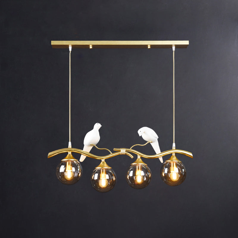 Glass Spherical Hanging Light Postmodern 4-Bulb Ceiling Pendant with Twig and Bird Deco