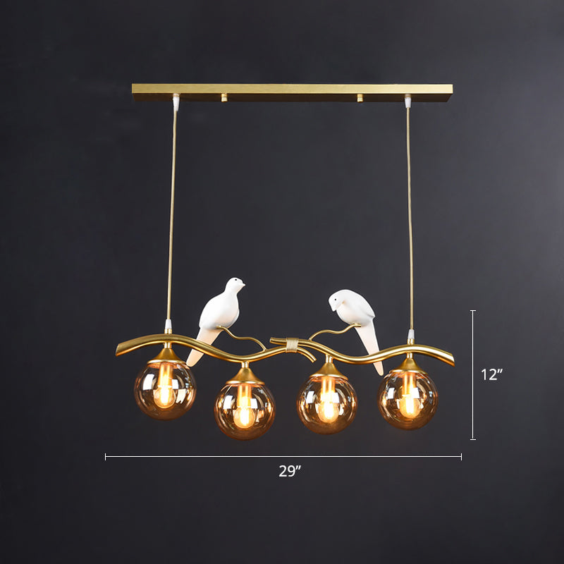 Glass Spherical Hanging Light Postmodern 4-Bulb Ceiling Pendant with Twig and Bird Deco