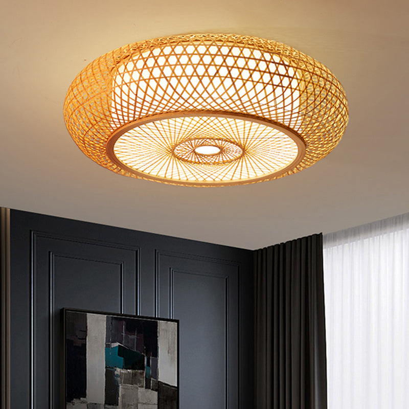 Criss-Cross geweven bamboe plafondlamp Aziatische 1-bulb houten vlakke montage verlichtingsarmatuur voor slaapkamer