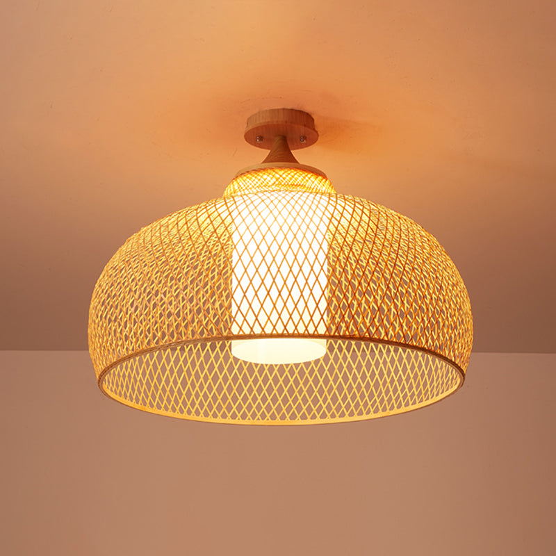 Criss-Cross geweven bamboe plafondlamp Aziatische 1-bulb houten vlakke montage verlichtingsarmatuur voor slaapkamer