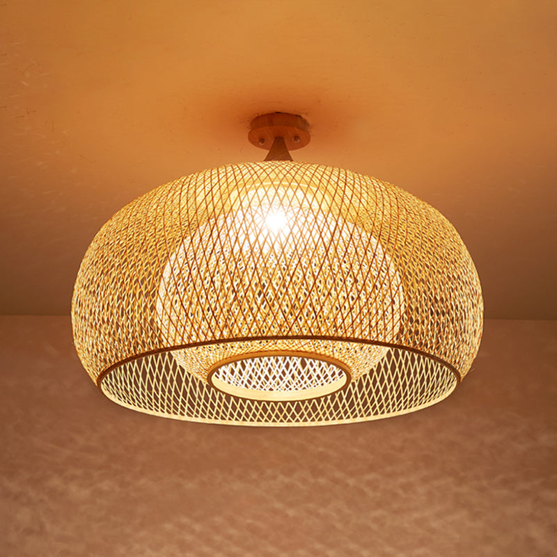 Criss-Cross geweven bamboe plafondlamp Aziatische 1-bulb houten vlakke montage verlichtingsarmatuur voor slaapkamer