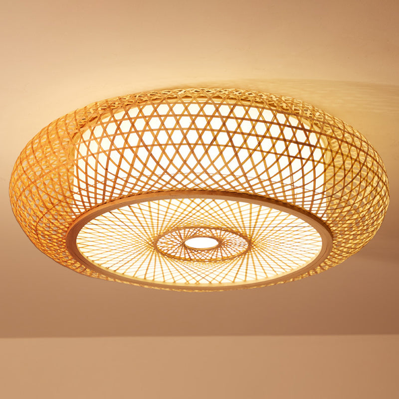 Criss-Cross geweven bamboe plafondlamp Aziatische 1-bulb houten vlakke montage verlichtingsarmatuur voor slaapkamer