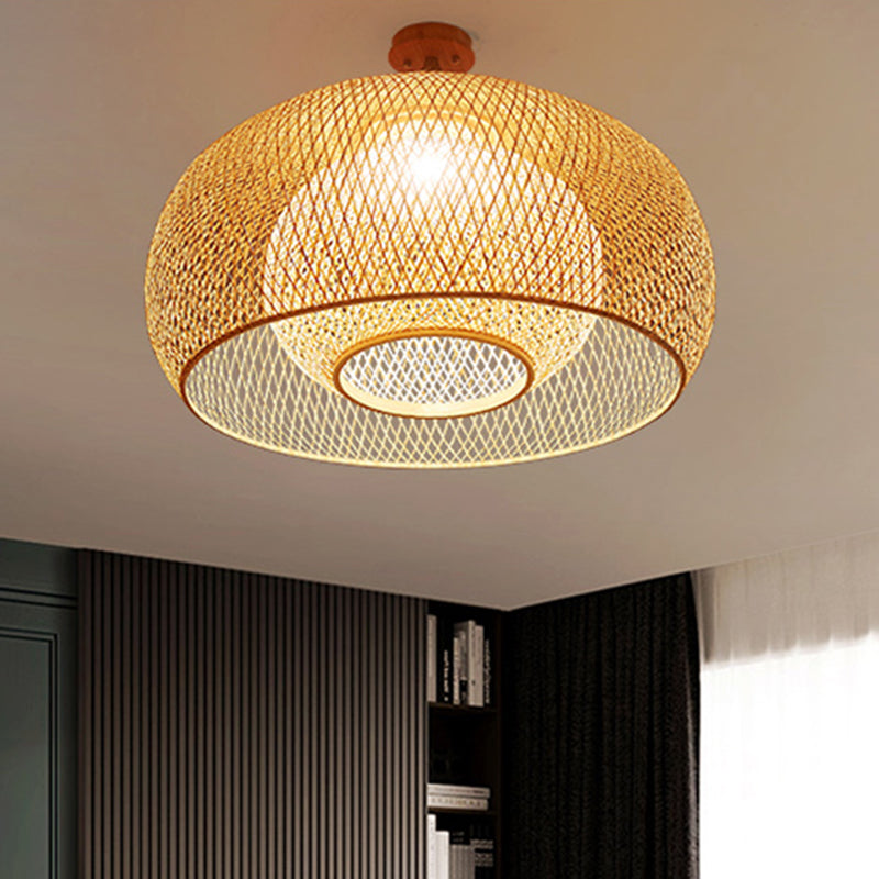 Criss-Cross geweven bamboe plafondlamp Aziatische 1-bulb houten vlakke montage verlichtingsarmatuur voor slaapkamer