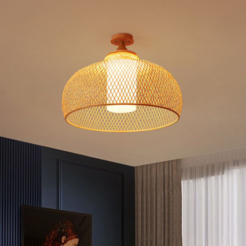 Criss-Cross geweven bamboe plafondlamp Aziatische 1-bulb houten vlakke montage verlichtingsarmatuur voor slaapkamer