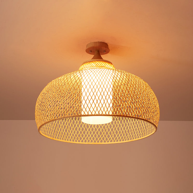 Criss-Cross geweven bamboe plafondlamp Aziatische 1-bulb houten vlakke montage verlichtingsarmatuur voor slaapkamer