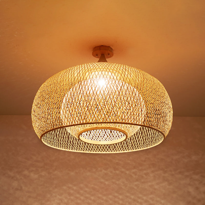 Criss-Cross geweven bamboe plafondlamp Aziatische 1-bulb houten vlakke montage verlichtingsarmatuur voor slaapkamer