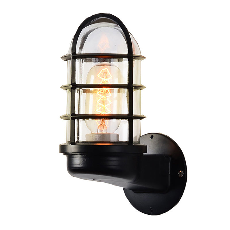 Half-Capsule Caged Glass Wall Lamp Industrial 1 Bulb Bathroom Sconce Lighting Fixture